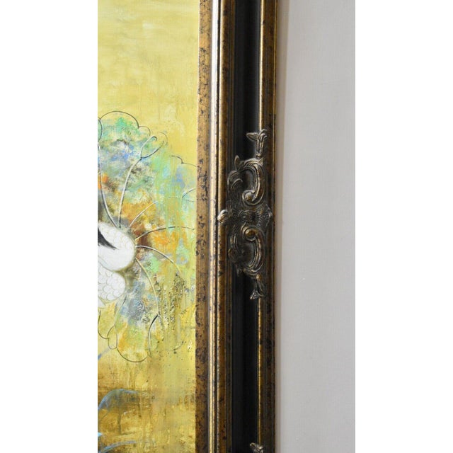 Vintage Large Heron Birds and Floral Oil Painting in Ornate Black/Gold Frame For Sale - Image 9 of 10