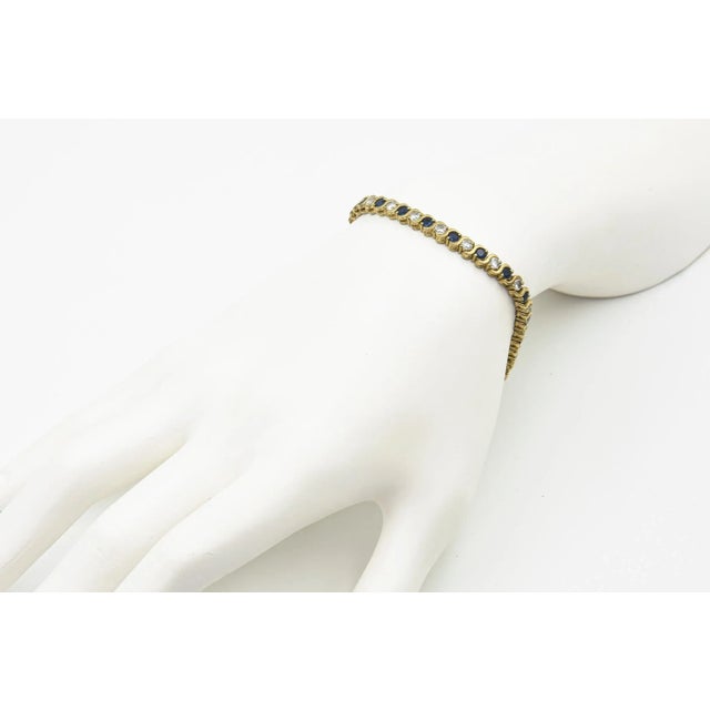 Gold Costume Sapphire and Diamond Tennis Line Gold Tone Bracelet For Sale - Image 8 of 8