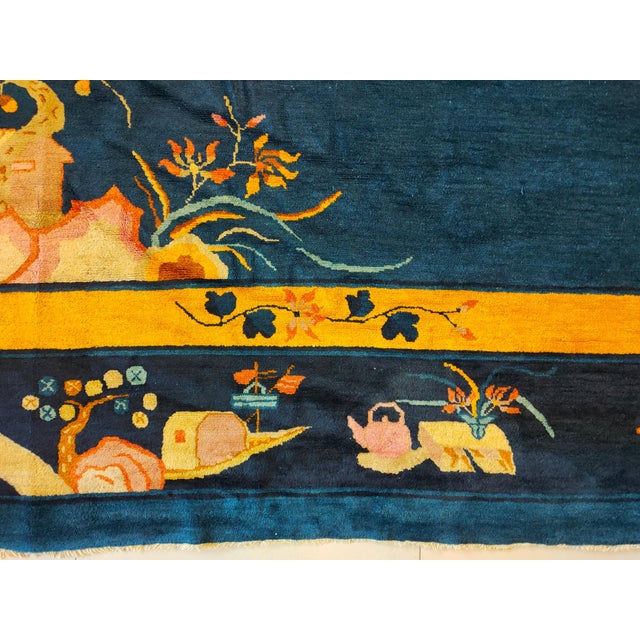 1930s 1930s Blue Floral Modern Antique Chinese Peking Rug 12'3" X 15'4" Handknotted Wool Carpet For Sale - Image 5 of 6