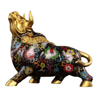 Late 19th Century Cloisonné Enamel Ox Statue, Gilt Bronze Figure, 2.83kg For Sale