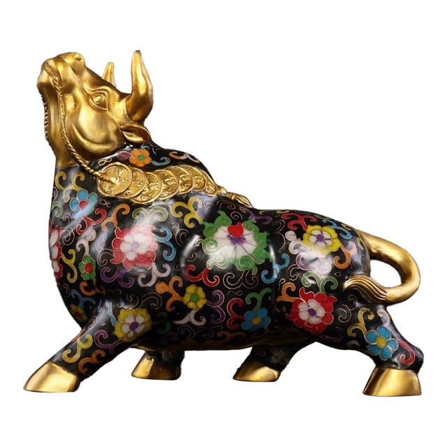 Late 19th Century Cloisonné Enamel Ox Statue, Gilt Bronze Figure, 2.83kg For Sale
