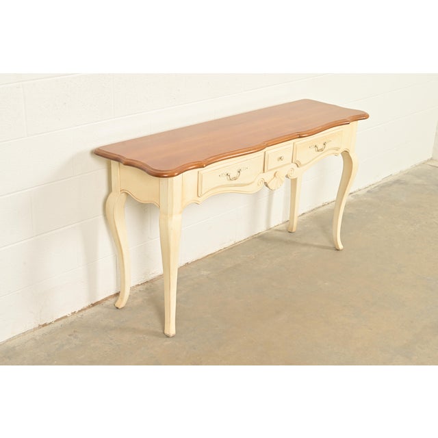 Ethan Allen Ethan Allen French Country Cream Lacquered Maple Top Console Table For Sale - Image 4 of 16