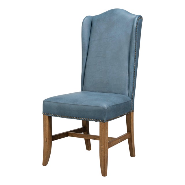 Blue Leather Wingback Dining Chairs, High Back, Sets of 2 For Sale