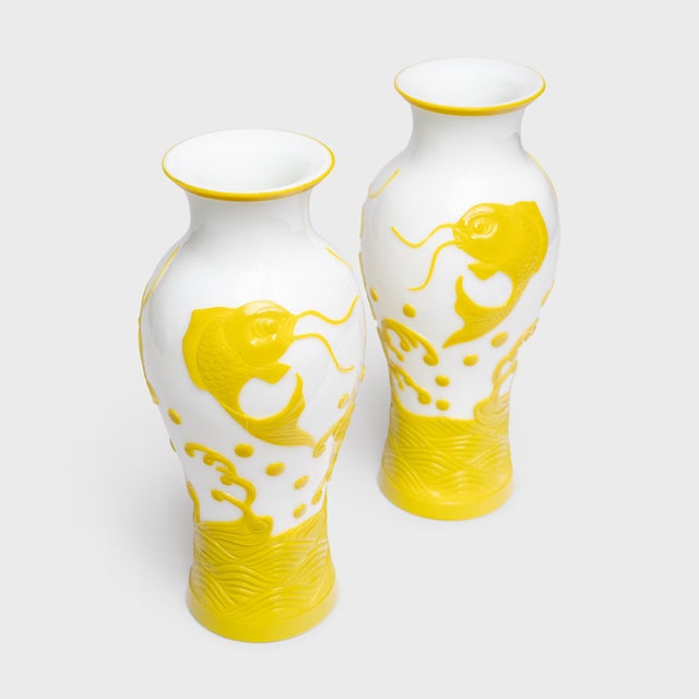 Chinese Pair of Citron to White Peking Glass Vases With Leaping Koi, C. 1930 For Sale - Image 4 of 10