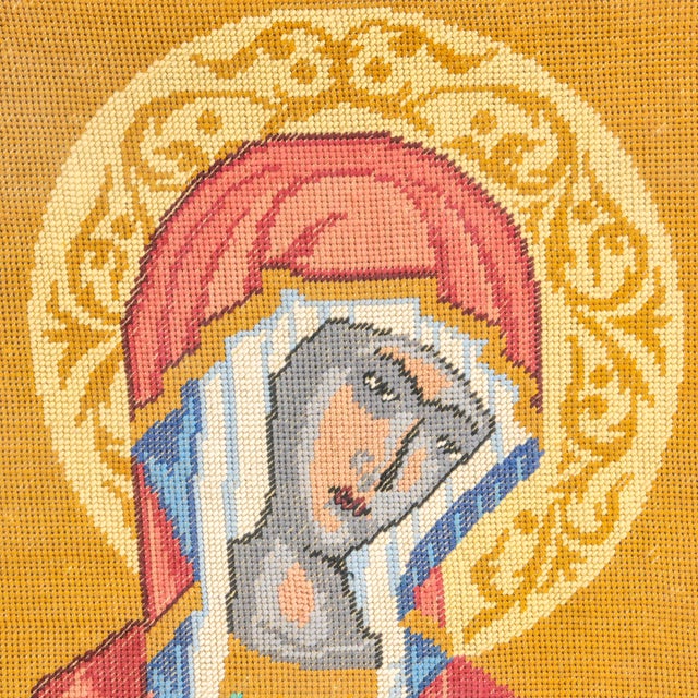 Mediterranean Vintage Framed Needlepoint Icon Virgin Mary Greece For Sale - Image 3 of 13