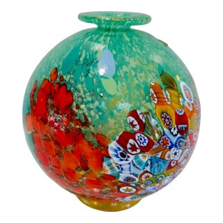 1980s Authentic Murano Art Glass Vase – Millefiori & Aventurine Gold Flecks – Aqua, Red & Multicolor For Sale