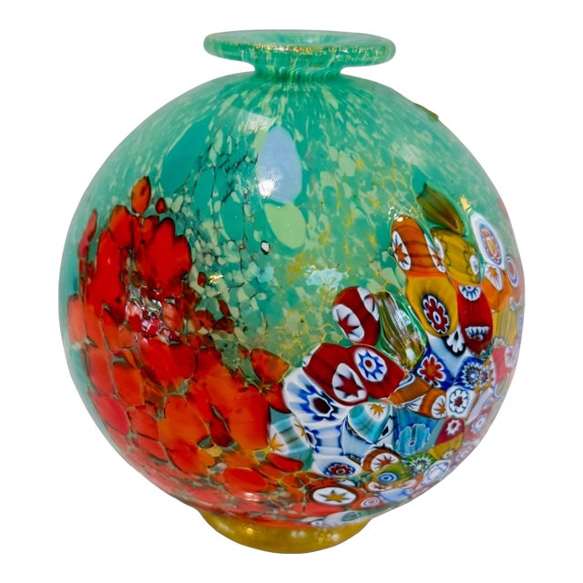 1980s Authentic Murano Art Glass Vase – Millefiori & Aventurine Gold Flecks – Aqua, Red & Multicolor For Sale