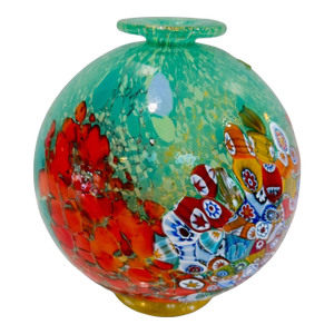 1980s Authentic Murano Art Glass Vase – Millefiori & Aventurine Gold Flecks – Aqua, Red & Multicolor