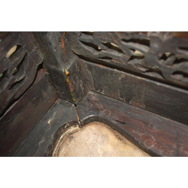 Brown Antique Qing Era Chinese Hand-Carved Wood Table With Inset Marble Top For Sale - Image 8 of 9