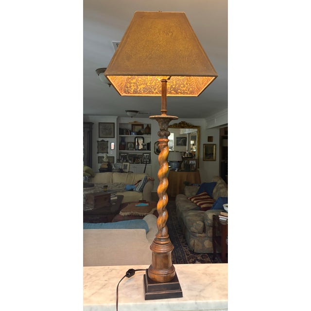 English Vintage, Labeled Theodore Alexander Barley Twist Table Lamp With Leather‑Look Shade That Has a “Faux Tortoise Shell” Liner – Great Patina - 37.5” High For Sale - Image 3 of 11