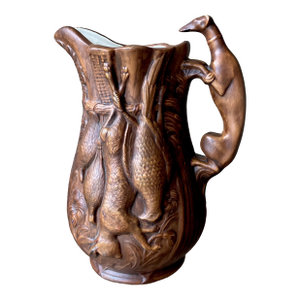 Whimsical Circa 1970 Majolica-Inspired Wild Game Motif With Whippet/Greyhound Handle Earthenware Matte Glaze Jug