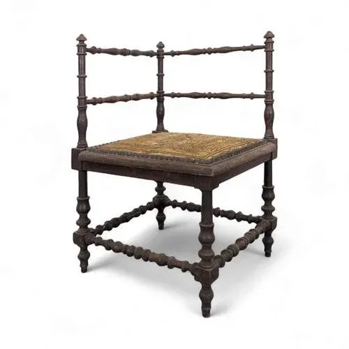 Brown Corner Stool with Dotted Tapestry For Sale - Image 8 of 8