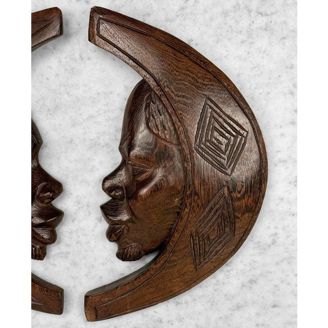 Vintage African Tribal Carved Crescent Moon Man & Women Wall Sculptures - A Pair For Sale - Image 9 of 10