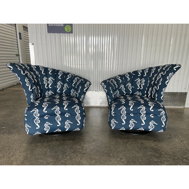 Incredible 1970's Beach House Seahorse Fabric Covered Fan Back Lounge Chairs sold as found newly recovered.
