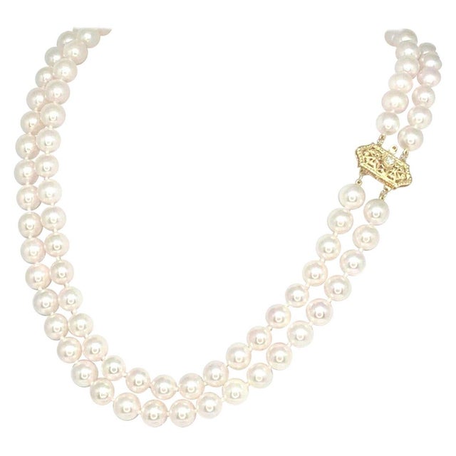 Metal Diamond Akoya Pearl 14 Karat 2-Strand Necklace Certified For Sale - Image 7 of 15