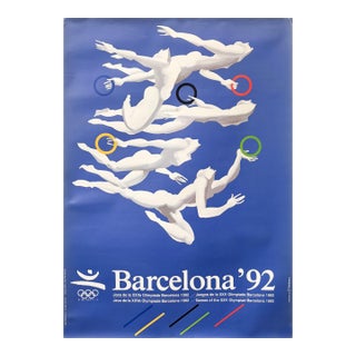 1992 Barcelona Olympic Poster, Athletes Holding Olympic Rings - Josep Pia Narbona For Sale