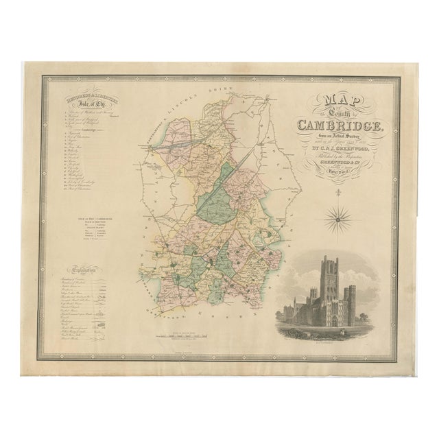 Antique Map of Cambridgeshire with Ely Cathedral by Greenwood, 1834 For Sale