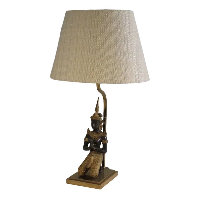 Bronze Buddha Table Lamp with Oval Lampshade, 1960s-1970s For Sale