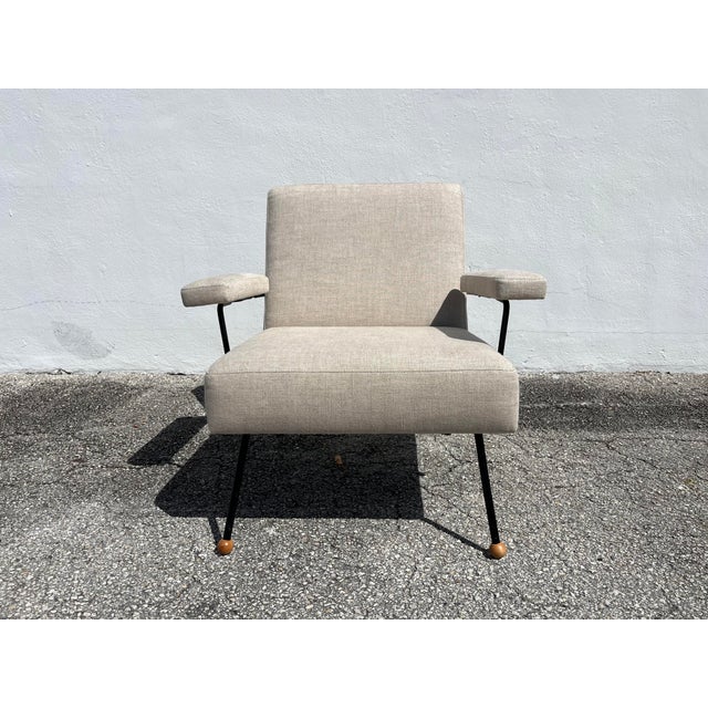 1950s Lounge Chair Attributed to Milo Baughman, Black Iron, Kravet Beligan Linen For Sale - Image 11 of 17
