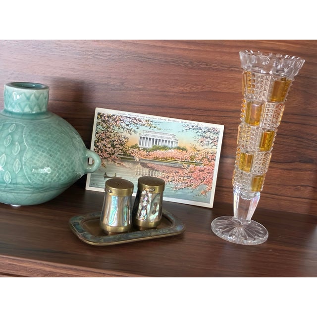 Vintage Mexican Abalone & Brass Salt and Pepper Set With Tray For Sale - Image 4 of 10