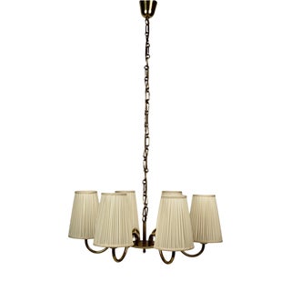 Six-Arm Chandelier in Brass with Silk Shades by Josef Frank for Oswald Haerdtl, 1935 For Sale