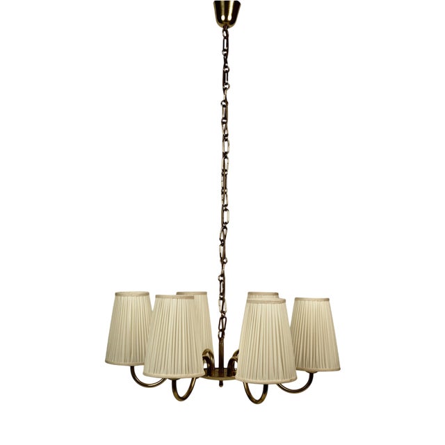Six-Arm Chandelier in Brass with Silk Shades by Josef Frank for Oswald Haerdtl, 1935 For Sale