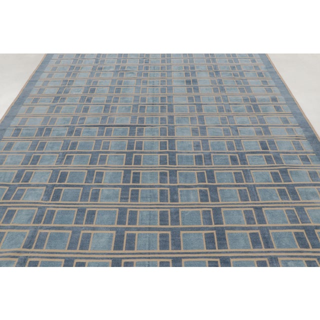 Traditional Contemporary Geometric Cotton Dhurrie Rug in Blue & Gold by Rug & Kilim, India For Sale - Image 3 of 10