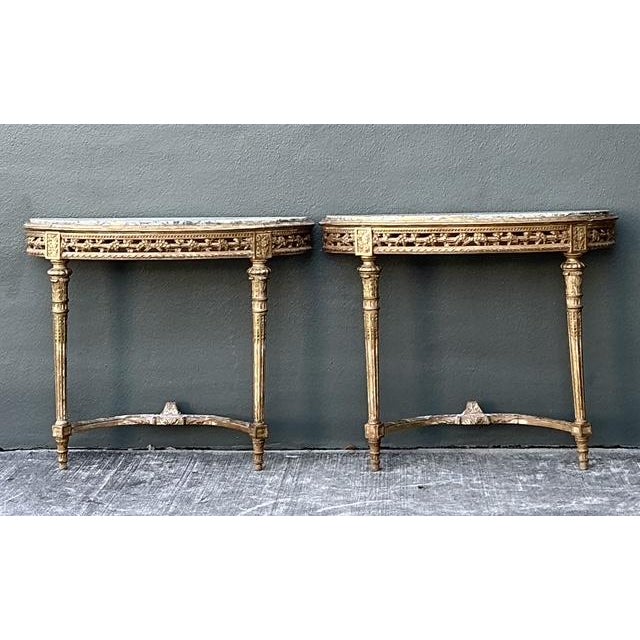 Vintage French Giltwood Marble Top Demilune Console Tables - A Pair For Sale - Image 4 of 12