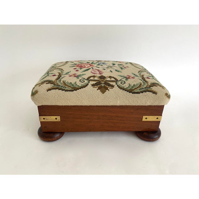 Wood English Needlepoint and Mahogany Foot Stool For Sale - Image 7 of 9