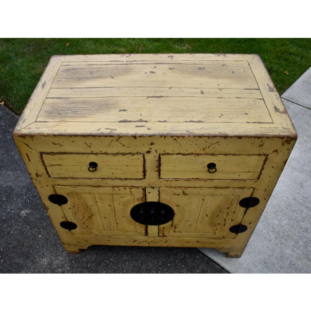 Pottery Barn Chinese Wood Painted Cabinet Ming Style Distressed Yellow For Sale - Image 4 of 16