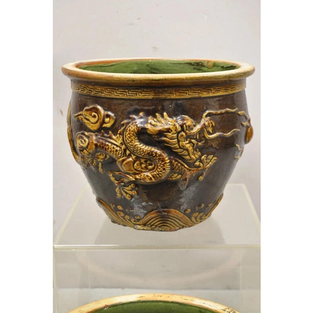 Ceramic Antique Chinese Brown Glazed Ceramic Pottery Dragon Cachepot Jardinière - Pair For Sale - Image 7 of 12