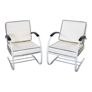 Early to Mid-20th Century Art Deco Streamline Moderne Springer Base Black & White Lounge Chairs Attributed to Wolfgang Hoffman For Sale