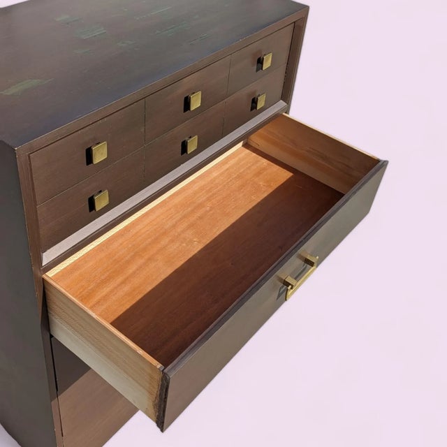 Mid-Century Modern Six-Drawer Tallboy Dresser With Brass Handles For Sale - Image 4 of 10