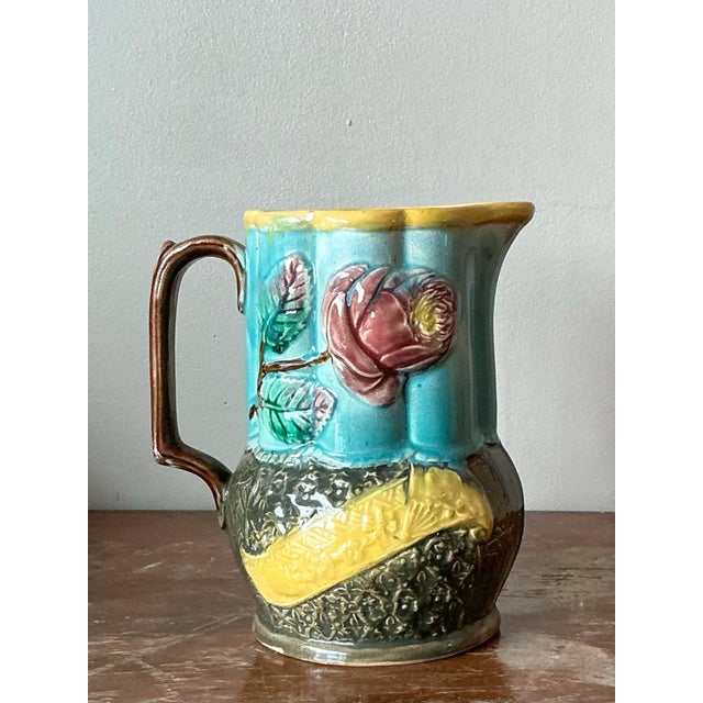 Ceramic Vintage Boho English Majolica Pitcher For Sale - Image 7 of 12