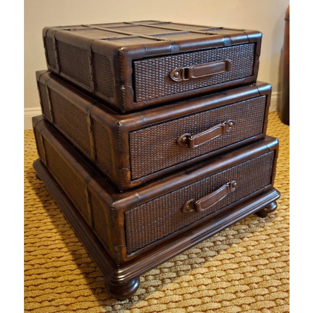 Late 20th Century Stacking Luggage-Form Leather & Woven Rattan Side Table Chest For Sale - Image 11 of 11