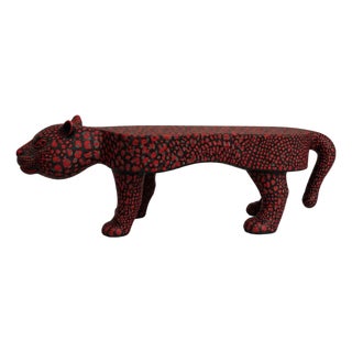 Handmade Sculptural Leopard Bench,Red & Black Design For Sale