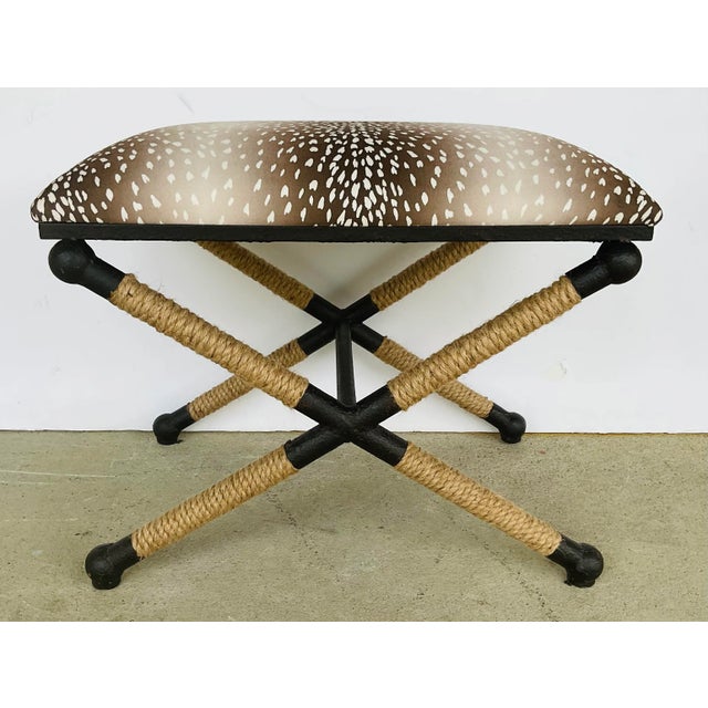 Stylish Organic Modern Rope Fawn Bench, black metal, showroom floor sample