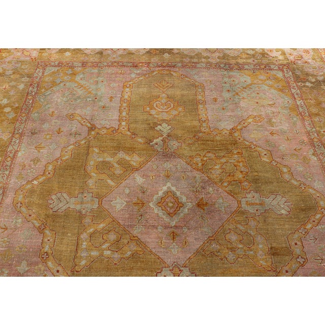Tribal Squared Shape Antique Oushak Rug in Green, Marigold, Cream and Pink Color For Sale - Image 3 of 17