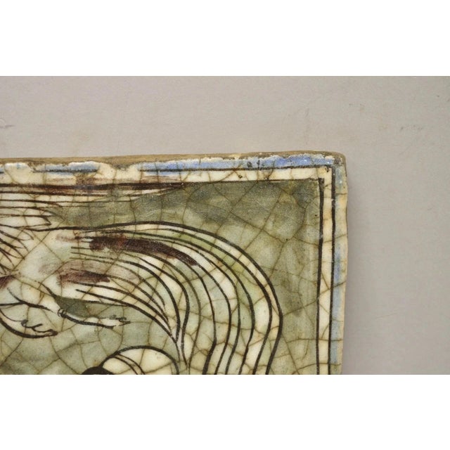 Early 20th Century Antique Persian Iznik Qajar Style Ceramic Pottery Tile Light Blue Bird Rider C1 For Sale - Image 5 of 10