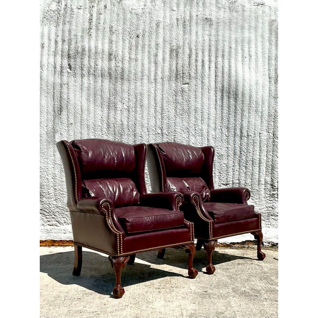 Vintage Regency Merlot Leather Wingback Chairs - A Pair For Sale In West Palm - Image 6 of 10