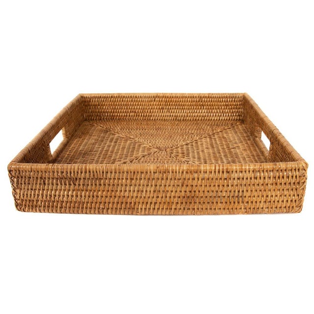 Boho Chic Artifacts Rattan Square Serving Tray with Cutout Handles in Honey Brown - 16" For Sale - Image 3 of 10