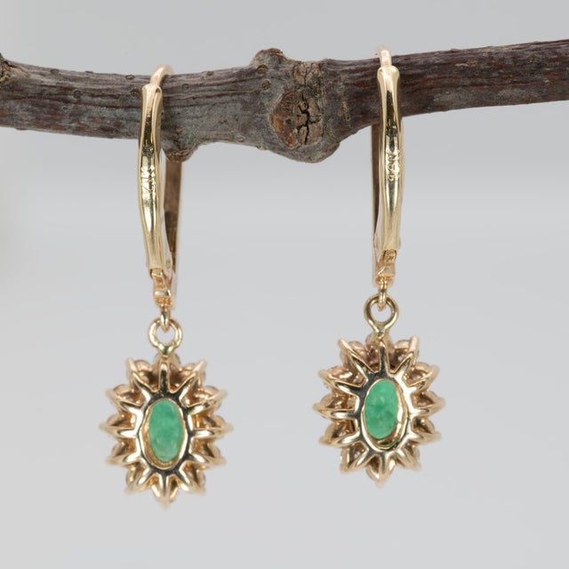 Zambian Emerald Earrings With Natural Diamonds Accents: Solid 14k Gold, 6x4mm, A Pair For Sale In Columbus - Image 6 of 7