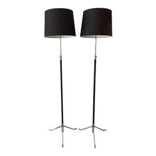 Leather & Chrome Adjustable Floor Lamps - A Pair For Sale