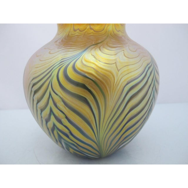 Glass Lundberg Studios Moire Fern Heart Pulled Feather Iridescent Gold Art Glass Vase For Sale - Image 7 of 13