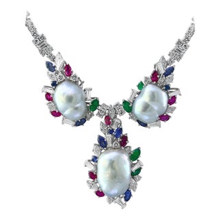 Emerald Ruby Sapphire Diamond Pearl Necklace Set in 18 Karat Gold For Sale
