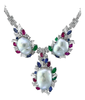 Emerald Ruby Sapphire Diamond Pearl Necklace Set in 18 Karat Gold