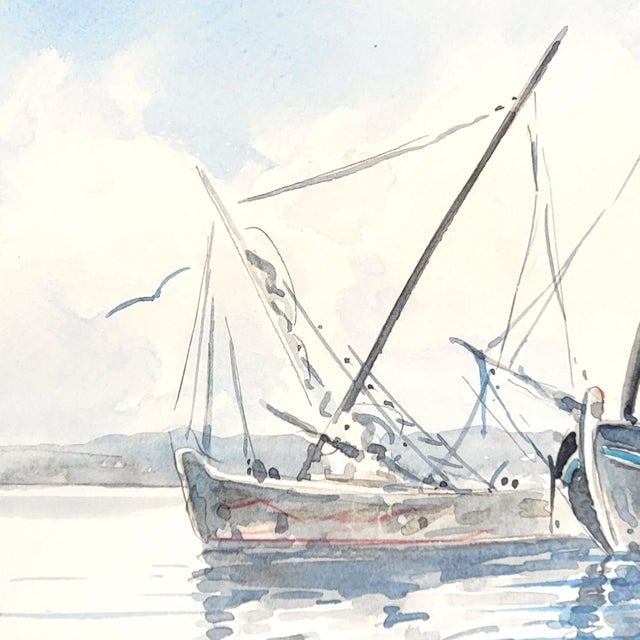 Contemporary Harbor Boat Seascape Watercolor Painting Attributed to Ray Prosser For Sale - Image 3 of 11