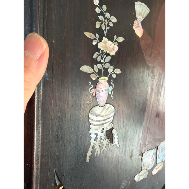 Vintage Vietnamese Mother of Pearl Inlaid Lacquer Wood Panel Openwork Fretwork Frame 18.25"x12.5" For Sale - Image 11 of 14