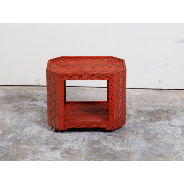 Karl Springer Attributed Karl Springer 1970s Midcentury Octagonal Bar Cart With Red Snakeskin Finish For Sale - Image 4 of 11