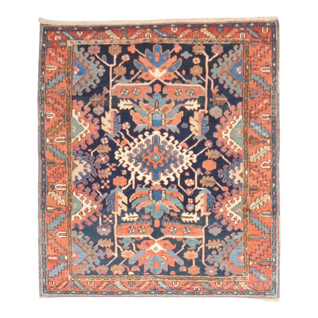 Zabihi Collection Antique Persian Square Navy Geometric Heriz Rug - 5' x 5'8" For Sale